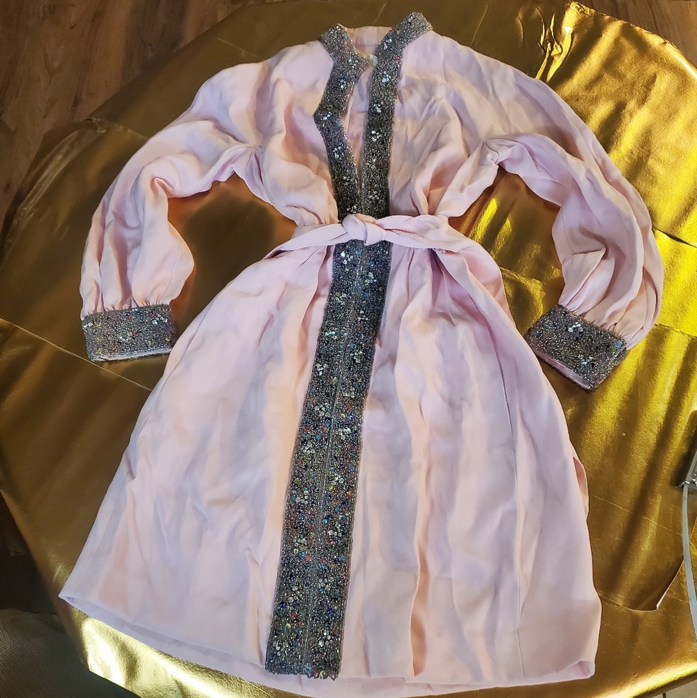 Seaton enterprises dress Ltd sz 14 beaded baby pink v neck diamond vintage 1940